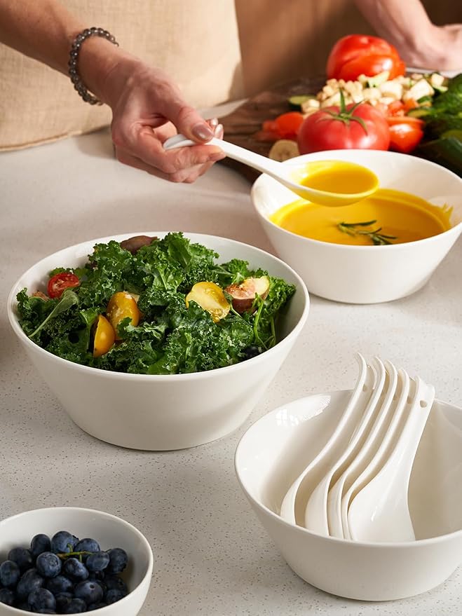 DOWAN 58.5 OZ Large Ceramic Salad Bowls Set of 4 - Microwave & Dishwasher Safe, Ideal for Salad, Fruit, Pasta, Snacks, Oatmeal - Soup Bowls Set for Restaurant, Party, Daily Use, Wedding, Soft White