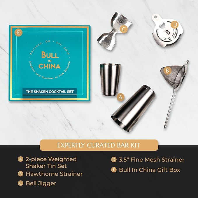 5 Piece Cocktail Kit by Bull In China - Premium Bartender Gift Set Includes Weighted 2 Piece Boston Shaker, Hammered Bell Jigger, Hawthorne Strainer & Fine Mesh Strainer (Matte Black)