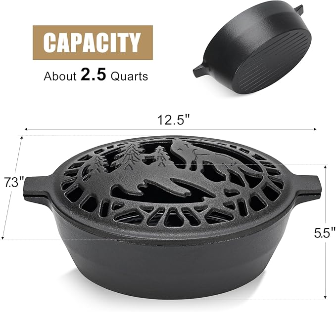 Wood Stove Steamer Humidifier 2.5 Quart with Decorative Wolf Pattern, Cast Iron Steamer for Wood Stove Rust Resistant Matte Black