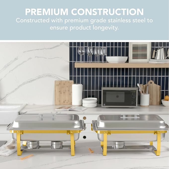 4 Pack 8QT Chafing Dish Full Set – Stainless Steel Catering Chafer with Lids, Pans & Fuel Holders – Buffet Food Warmers for Parties, Events & Weddings – Gold Frame