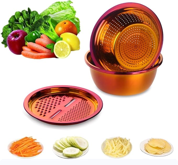 3PC/Set Colander set Stainless Steel Vegetable Slicer Fruit Potato Peeler Carrot Grater Strainer Utensil Round Rice Washer Bowl Drain Basket-Red