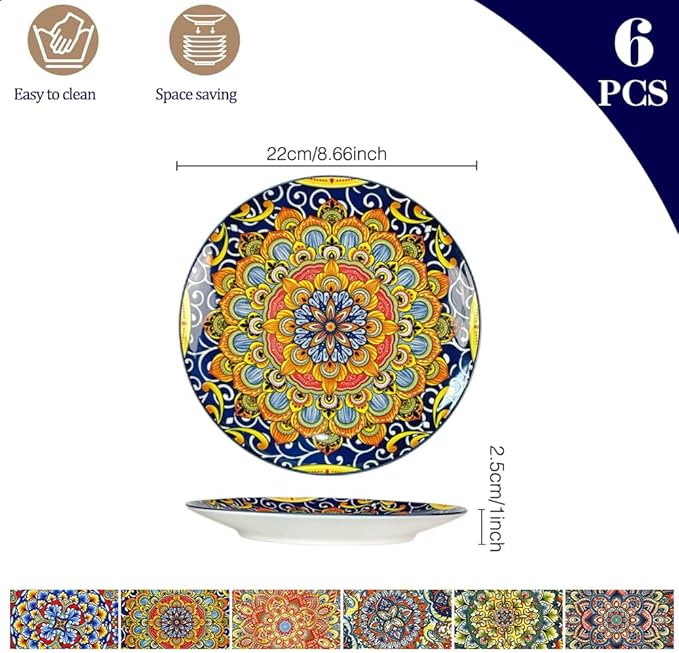 Dinner Plates 6 pcs,8.5 Inch Ceramic Plates, Microwave, Oven and Dishwasher Safe, Colorful Bohemian Style Dishes for Kitchen
