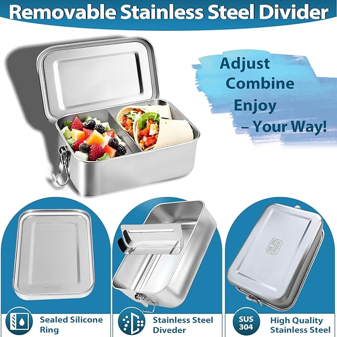Stainless Steel Lunch Container 2 Pack 304 stainless Steel Bento Box Kids Adult(29oz/19oz),Leak Proof Stainless Steel Snack Containers With 1 Compartment and Lunch Bag