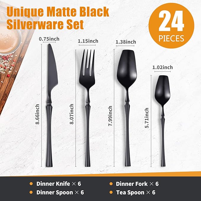 Lemeya 24-Piece Black Silverware Set for 6,Modern 18/10 Stainless Steel Flatware Set,Unique Rustic Cutlery Utensils Set,Spoon and Fork Set for Home, Restaurant,Wedding,Mirror Polished,Dishwasher Safe