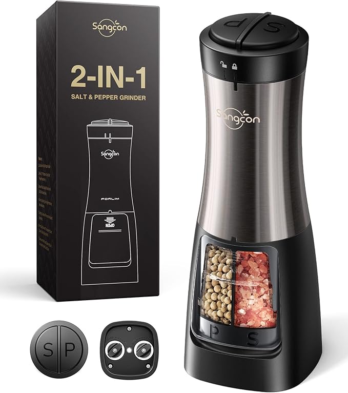 Sangcon Electric Salt and Pepper Grinder Set Shaker 2 IN 1 - Automatic Salt and Pepper Grinder Mill, Battery Powered One-Handed Operation Refillable with Light Dual Ceramic Grinder