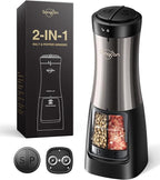 Sangcon Electric Salt and Pepper Grinder Set Shaker 2 IN 1 - Automatic Salt and Pepper Grinder Mill, Battery Powered One-Handed Operation Refillable with Light Dual Ceramic Grinder
