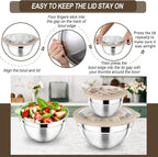 P&P CHEF Mixing Bowl with Lid Set of 7, Stainless Steel Nesting Salad Bowls for Cooking Serving Prepping, Clear Lids & Stackable Design, Size 4.6, 3.5, 3, 2, 1.5, 1, 0.7 Qt - Khaki