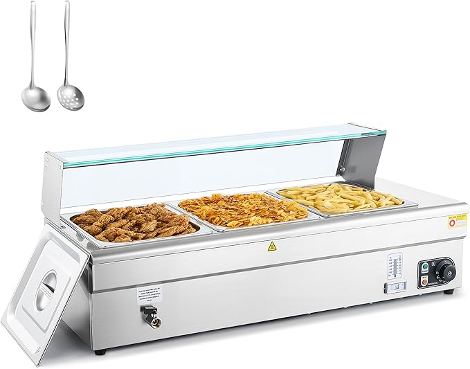 WILPREP 3-Pan Commercial Food Warmer with Sneeze Guard, Three 1/2 Pans, 1500W Countertop Electric Steam Table, 86-185°F Adjustable Temp Control, Stainless Steel Buffet Bain Marie