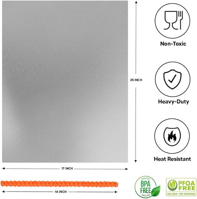 Oven Liners for Bottom of Oven Silver (2-pack) Bundled with Rack Shield (2-pack) - Large Mat for Bottom of Stove (17"x 25") and 14" Orange Range Guards for Racks - Reusable & Heat Resistant