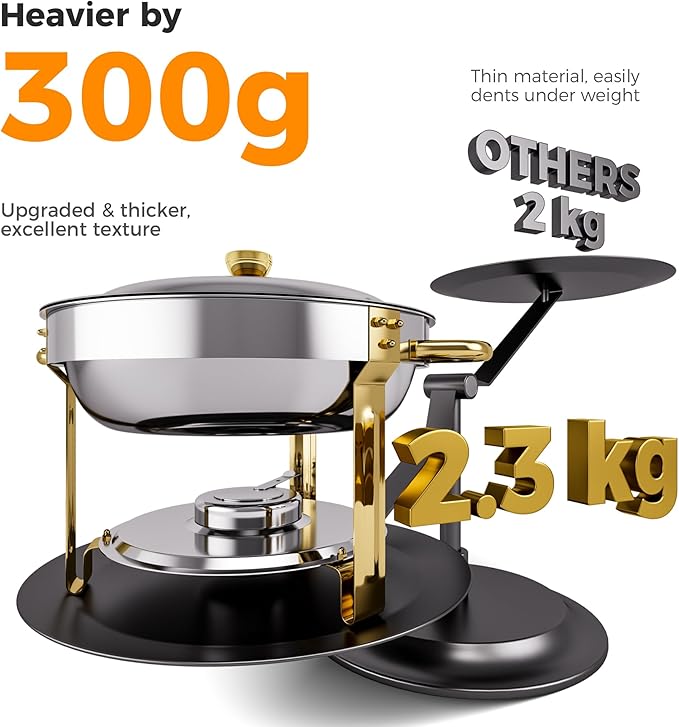 Gold 4 Pack Chafing Dishes for Buffet, 18/8 (304) Stainless Steel Food Pan with Lid, 6QT Round Chafing Dish Buffet Set Food Warmer, Food Warmers for Parties Buffet Catering Events Dinners