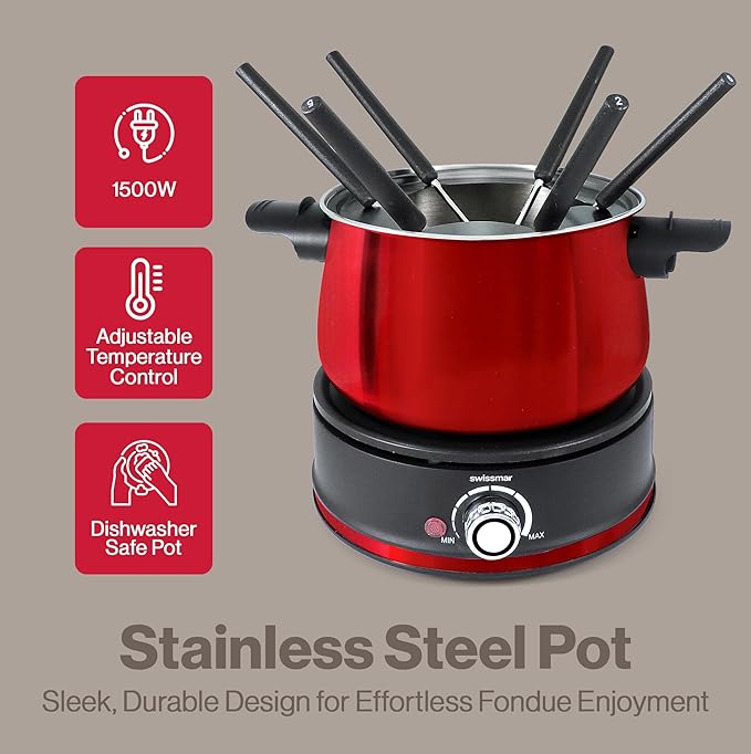 Swissmar Arolla 10 Pieces Stainless Steel Electric Fondue Set - Perfect Fondue Pot Electric Set for Cheese, Chocolate, Oil, Broth & More - Gift Ideas for Wedding, House Warming, Red, 2.1 Qt / 2L