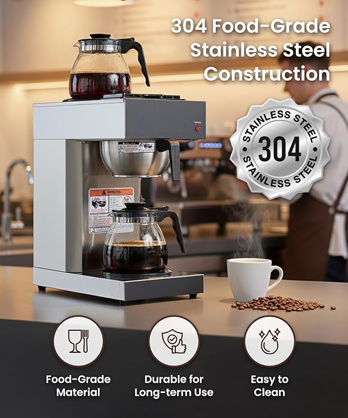 SYBO 12 Cup Coffee Maker Commercial, Pour Over Coffee Maker Brewer, Industrial Stainless Steel Cafetera with 2 Warmers