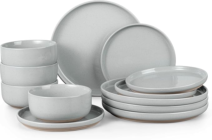 HaWare Stoneware Dinnerware Sets, 12-Piece Plates and Bowls Set for 4, Dishes Set for Home Restaurant, Speckled Misty Grey