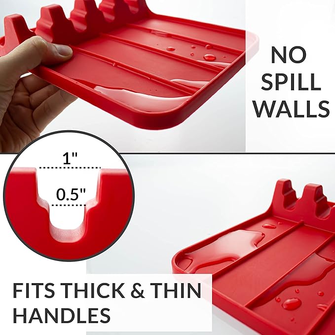 Silicone Utensil Rest and Spoon Holder, Heat Resistant Kitchen Spoon Rest for Multiple Utensils, Dishwasher Safe Drip Pad for Spatulas, Tongs, Ladles, and Spoons (Candy Red)