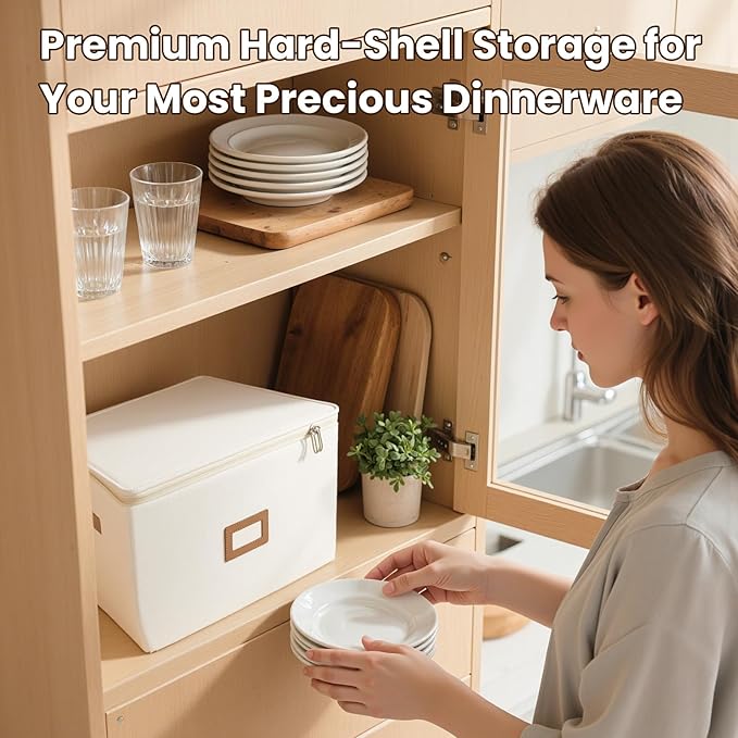 HOMELUX THEORY Plate Storage Box, 2pc 12"x8" Ivory Hard Shell China Storage Containers, Kitchen Storage Bins With Lids, Heavy Duty Moving Box with Handles for Dishes, Dinner Plate & Dinnerware