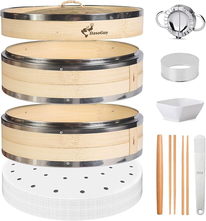 Bamboo Steamer Basket, Stainless Steel Reinforced Rim, 10-Inch 2-Tier Steamer for Cooking, 50 Liners Chopsticks Sauce Dish Dumpling Makers, Steaming Asian Food Bao Buns Dim Sum Rice Veggies Steam Pot
