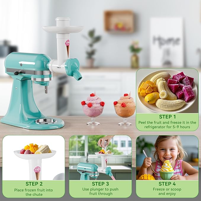 Dairy Free Ice Cream Maker Attachment for KitchenAid Stand Mixer, Frozen Yogurt and Sorbet Maker, Soft Serve Dessert Machine, Dishwasher Safe for Kitchen aid Ice Cream Attachment