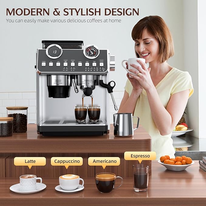 Espresso Machine with Grinder, 20 Bar Pressure Professional Coffee Maker with 30 Grinding Settings, 58mm Portafilte, Anti-scalding Milk Frother Steam Wand for Latte (IronGrey)