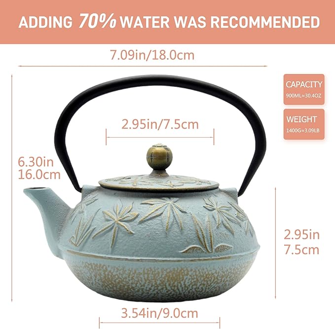 Cast Iron Teapot Tea Kettle with Stainless Steel Infuser for Stovetop Safe Coated with Enameled Interior Japanese Tetsubin with Maple Leaves Pattern(30.4oz/900ml) (Color-5)