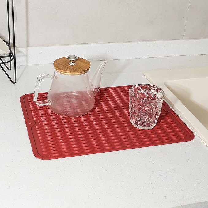 Silicone Dish Drying Mat for Multiple Usage,Easy clean,Eco-friendly,Heat-resistant Silicone Mat for Kitchen Counter or Sink,Refrigerator or drawer liner Red L 16 inches x 12 inches