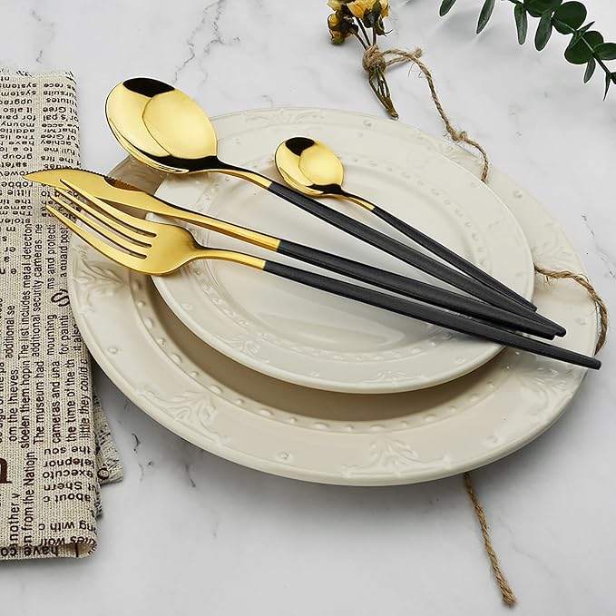 36-Pieces Silverware Mirror Polished Dinnerware Gold Flatware With Black Handle, 18/0 Stainless Steel Cutlery Set For Home Kitchen Party Hotel Restaurant Wedding Service for 6