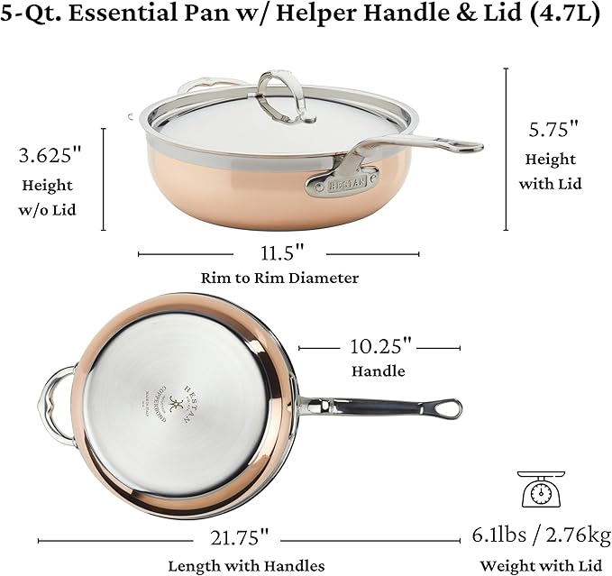 Hestan - CopperBond Collection - 100% Pure Copper Essential Pan, Induction Cooktop Compatible, 5 Quart