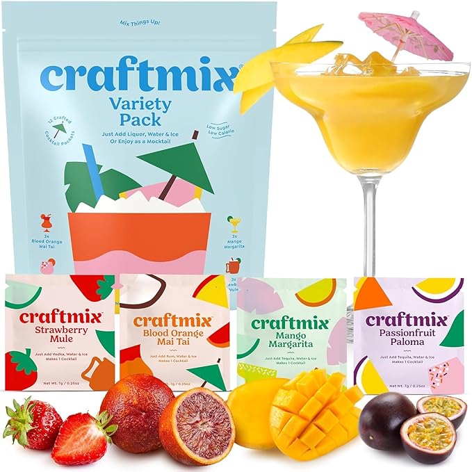 Craftmix Variety Pack, Makes 24 Drinks, Skinny Cocktail Mixers, Mocktails Non-Alcoholic Drinks - Made With Real Fruit - Vegan Low-Carb, Low-Sugar, Non-GMO, Dairy Free, Gluten Free, Easy to Mix