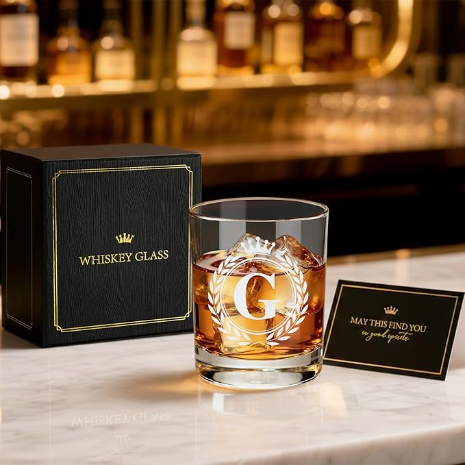 Whiskey Glasses - Rocks Old Fashioned Glass Gifts for Men, Monogrammed A-Z 10oz Personalized Whisky Glasses, Christmas Birthday Gifts for Men Him Dad Father Husband Brother Son (G)