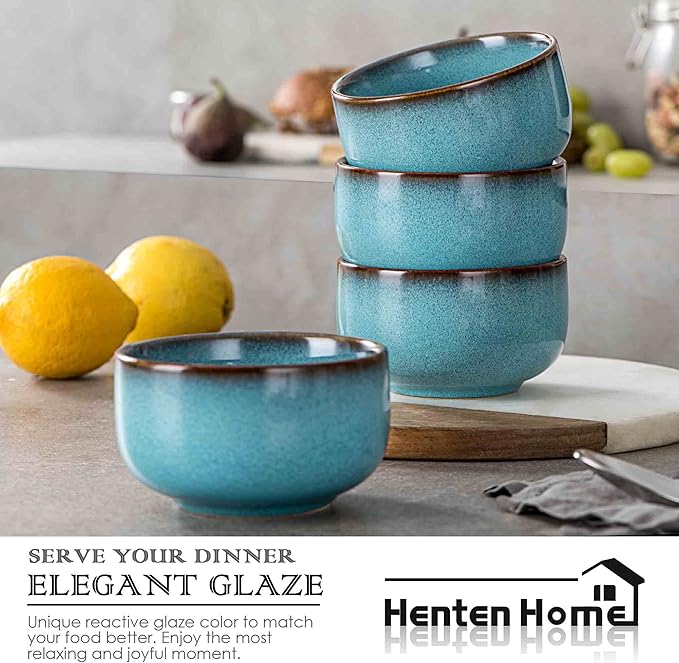 Henten Home Ceramic Cereal Bowl Set, 26 OZ Noodle Bowls Set of 4, Porcelain Salad Bowls for Kitchen, Reactive Glaze Serving Soup Bowls for Ramen, Oatmeal, Microwave Safe (Aqua)