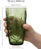 Vintage Green Drinking Glasses Set of 4 – 16 oz Hand-Blown Glass Tumblers, Heavy Textured Highball Cups, Antique-Style Colored Glassware, Retro Boho Aesthetic Drinkware – Unique Housewarming Gift