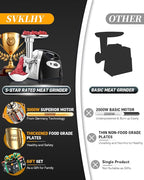 Electric Meat Grinder: [3000W Superior Motor] Meat Grinder with 6 PCS Stainless Steel Blades & Grinding Plates, Sausage Stuffer Tubes & Kubbe Kit Portable Handle for Gift (Black New)