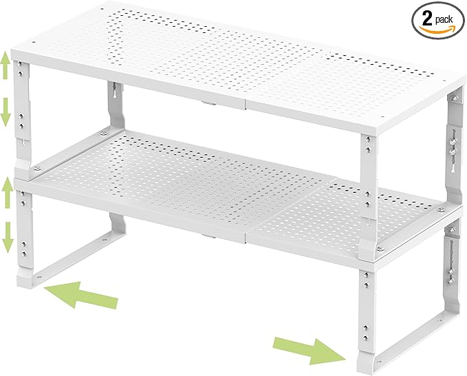 Adjustable Expanable Stackable Spice Rack Shelf Pantry Storage Organizer for Kitchen Cabinet,Countertop,Bathroom and More.Space is no Longer Limited(2Packs/White/Large)