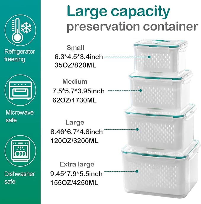 Upgraded Fresh Produce Vegetable Fruit Storage Containers,Large Fruit Containers for Fridge with Lid Vent Handle and Colander ,Keep Berry Fruit Vegetable Food Meat Fresh Longer (4)