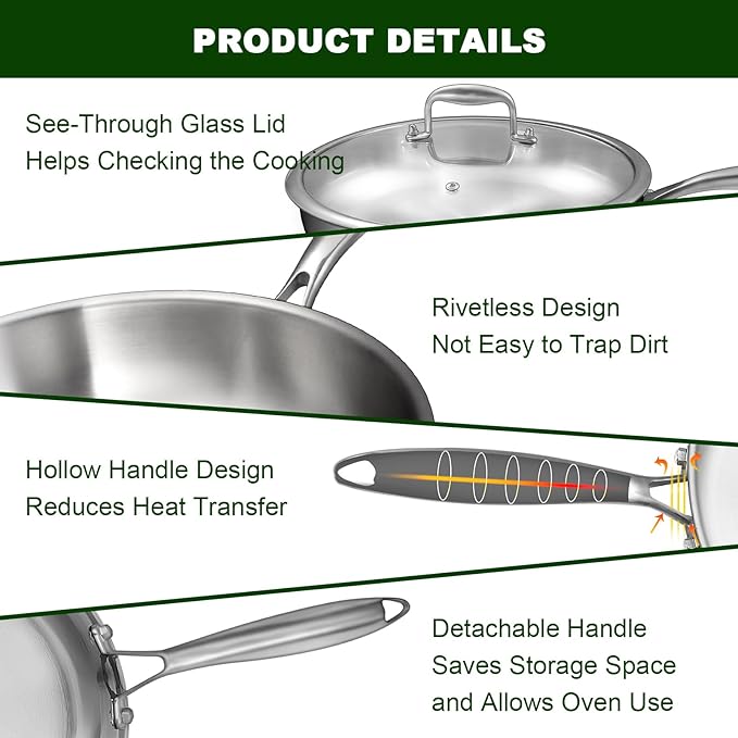 EWFEN 12 Inch Tri-Ply Stainless Steel Frying Pan, Compatible with All Cooktops Up to 600℉, Large Frying Pan with lids, Induction-Ready Skillet, Dishwasher and Oven Safe, Fast & Even Heat, Heavy Duty