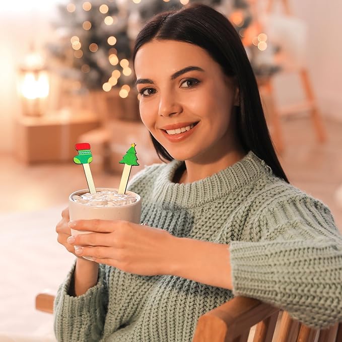 120 Pcs Christmas Wooden Coffee Stirrers Xmas Wood Coffee Stir Sticks Christmas Disposable Drink Stirring Sticks for Beverage Hot Chocolate Holiday Party Decor Restaurant Home Office Cafe, 20 Styles