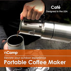 nCamp - Café, Portable Coffee Maker, Portable Espresso Machine, Compact Camping Coffee Maker, Stainless Steel Travel Coffee Maker with Camping Coffee Cup, Reusable, 12 oz