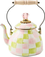 MACKENZIE-CHILDS Enamel Tea Kettle, Cute Tea Kettle for Stovetop, 2 Quarts, Pastel Pink-and-Green Palm Beach Check