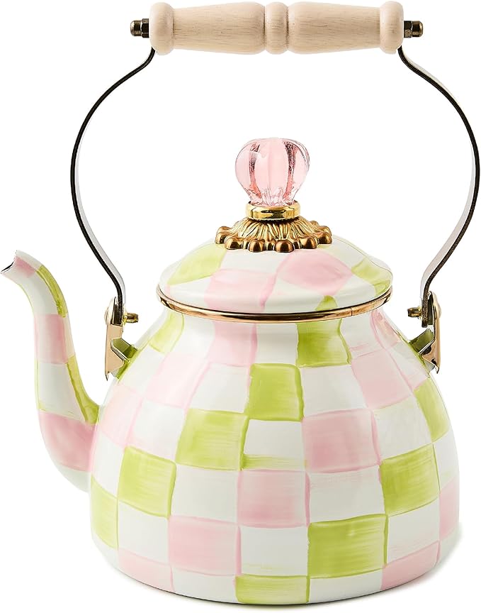 MACKENZIE-CHILDS Enamel Tea Kettle, Cute Tea Kettle for Stovetop, 2 Quarts, Pastel Pink-and-Green Palm Beach Check