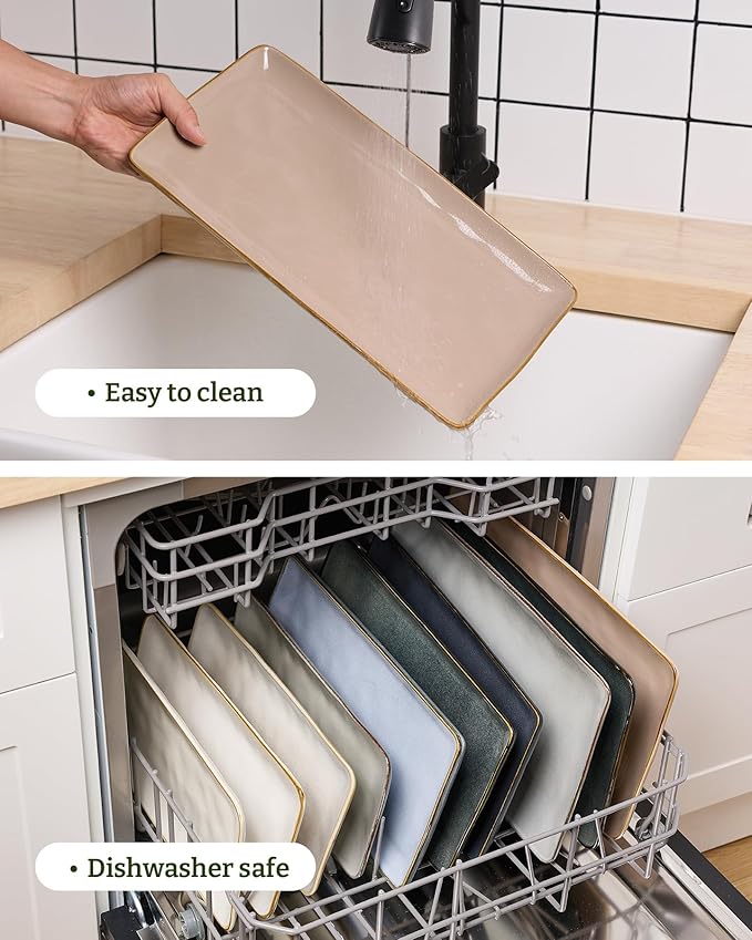 famiware Serving Platter, Rectangular 15.67/14.1/12.6 inch Serving Dishes for Entertaining, Microwave Dishwasher Safe, Stonware Serving Trays for Party, Turkey, Cheese, Ocean Series, Cinnamon Brown