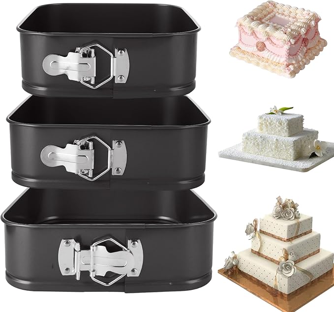 3Pcs Springform Pan, Square Cake Pan Nonstick Cheesecake Pans, Bakeware with Removable Base, Nonstick Leakproof (8, 8.5, 9.5 Inch)