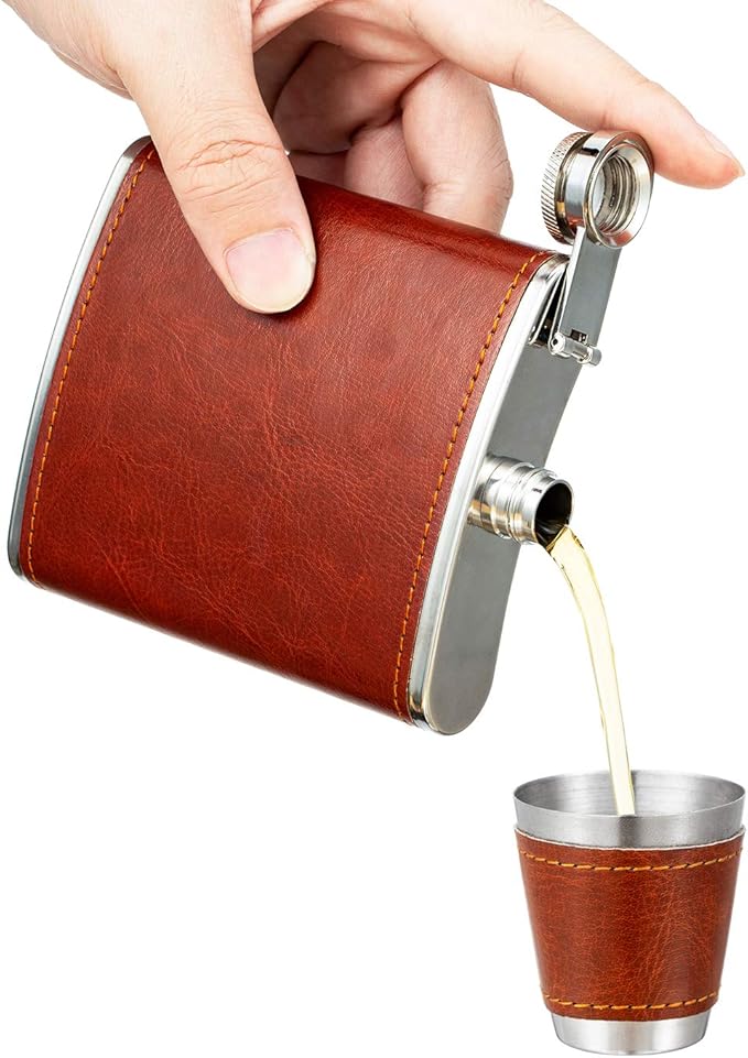 7 Oz Stainless Steel Hip Flask Gift Set Brown Leather with 2 Cups and Funnel 100% Leak Proof for Alcohol, Whiskey, Rum and Vodka Pocket Mini Drinking Flasks