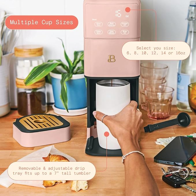 Beautiful Perfect Grind Programmable Single Serve Coffee Maker with Touch-activated Display, Programmable and Integrated Burr Grinder, 64oz Water Reservoir (Rose)