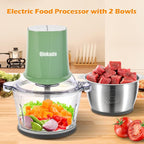 Food Processors with 2 Bowls, 400W Meat Grinder, Food Chopper Electric, 2 Speed, 8Cup Glass and 8Cup 304 Stainless Steel, 2 Blades, Spatula Green