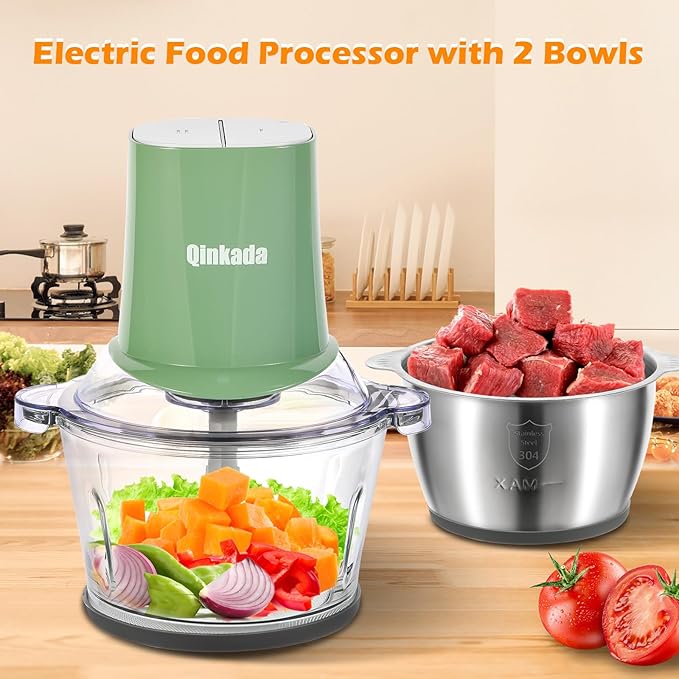 Food Processors with 2 Bowls, 400W Meat Grinder, Food Chopper Electric, 2 Speed, 8Cup Glass and 8Cup 304 Stainless Steel, 2 Blades, Spatula Green