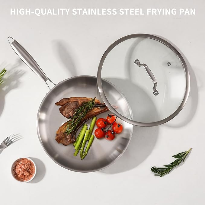 12-Inch Tri-Ply Stainless Steel Pan, PFOA and PTFE-Free Skillet Griddle, Stainless Steel Pan Set with Lid for the Kitchen, Induction-Compatible Cookware Sets, Dishwasher and Oven Safe
