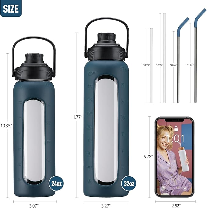 Kodrine Water Bottle with Straw, 24 oz Glass water Bottle with 2 Lids Bamboo Straw Lid and Spout Lid with Handle, 32 oz Clear Water Bottle Glass for Sports Travel, Waterbottle with Time Marker