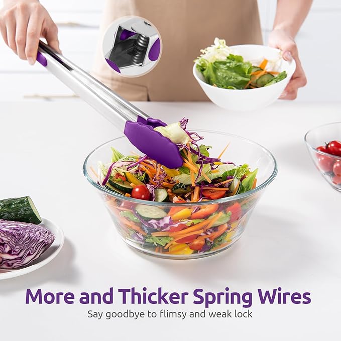 600ºF Heat Resistant Kitchen Tongs: U-Taste 16 inch Extra Long Large Silicone Cooking Tong with Sturdy Non Stick Rubber Tips & Non Slip Silicon Coated 18/8 Stainless Steel Handle for Grill BBQ(Purple)