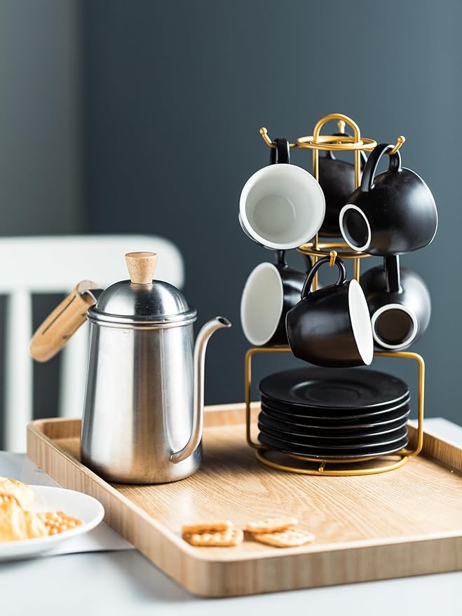 YHOSSEUN 3 Ounces Espresso Cups with Saucers Set, Porcelain Latte Cups and Metal Stand Demitasse Cups for Espresso, Latte, Cafe Mocha, Cappuccino and Tea, Set of 6, Black