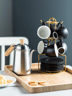 YHOSSEUN 3 Ounces Espresso Cups with Saucers Set, Porcelain Latte Cups and Metal Stand Demitasse Cups for Espresso, Latte, Cafe Mocha, Cappuccino and Tea, Set of 6, Black