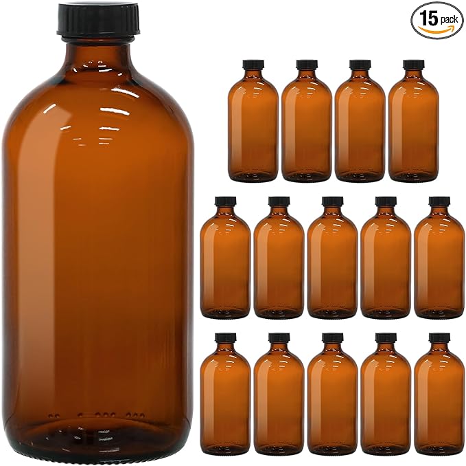 15 Pack 16oz Amber Glass Boston Round Bottles with Phenolic Polycone Caps – Airtight, Leak-Proof Brown Glass Containers for Kombucha Brewing, Storing Condiments, Essential Oils, and Homemade Solutions
